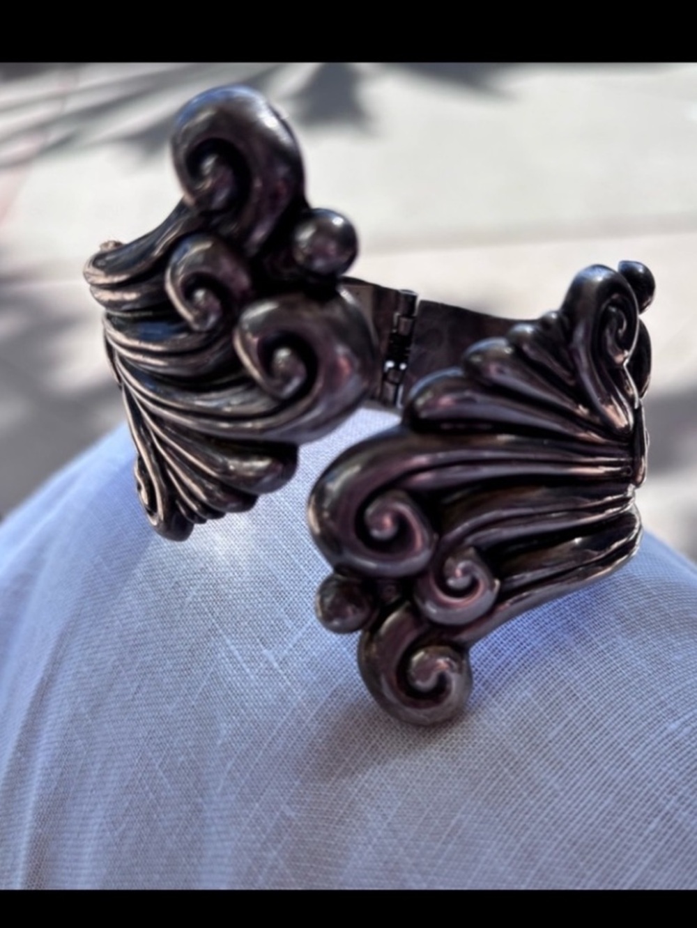 Taxco- Ornate Scrollwork Sterling Silver-Hinged Cuff Bracelet